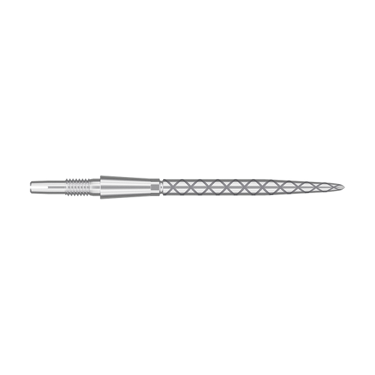 Punte per freccette Target Swiss Storm Diamond Point - Argento Das Bild zeigt eine silberne Dartspitze mit einem rautenförmigen Muster. Die Spitze ist lang und schmal, mit feinen Rillen für besseren Halt.
