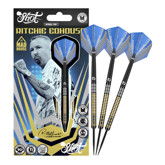 Shot Ritchie Edhouse Madhouse freccette d'acciaio Das Bild zeigt die Shot Ritchie Edhouse Madhouse Steeldarts in voller Ansicht. Diese Darts zeichnen sich durch ihr einzigartiges Design aus.