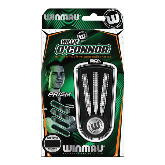 Freccette in acciaio Winmau Willie O'Connor - 23 g Die Verpackung zeigt die Winmau Willie O’Connor Steeldarts mit einem Gewicht von 23 Gramm. Im Inneren sind drei silberne Steeldarts zu sehen.