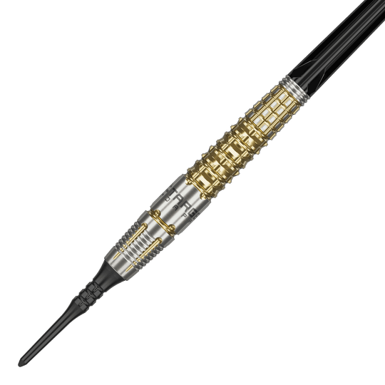 Freccette morbide Target Japan Black Marque Warrior - 18,5 g Das Bild zeigt einen Softdart namens "Target Japan Black Marque Warrior" mit einem Gewicht von 18,5g. Der Dart hat ein auffälliges Design mit goldenen und silbernen Elementen sowie einer schwarzen Spitze.