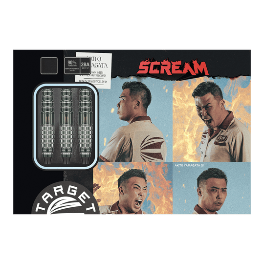 Target Japan Akito Yamagata Scream GEN1 Freccette morbide - 19 g Das Bild zeigt die Verpackung der Target Japan Akito Yamagata Scream GEN1 Softdarts - 19g. Auf der Verpackung sind drei Darts sowie vier ausdrucksstarke Porträtfotos einer Person zu sehen.