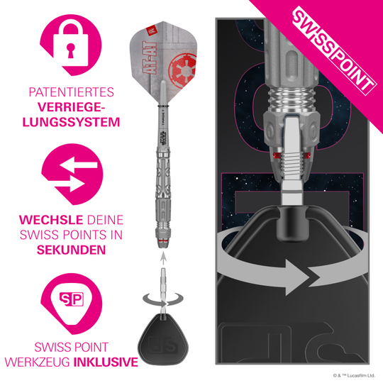 Dardi in acciaio Swiss Point a punta, bersaglio Star Wars AT-AT Hier sind die Target Star Wars AT-AT Swiss Point Steeldarts abgebildet. Die Darts haben ein einzigartiges Design aus dem Star Wars Universum.