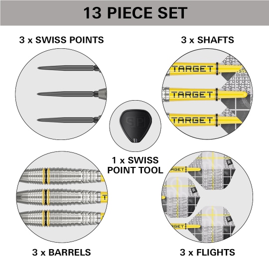 Freccette in acciaio Target Scott Williams GEN2 Swiss Point Dieses Bild zeigt das 13-teilige Target Scott Williams GEN2 Swiss Point Steeldarts Set. Es enthält 3 Swiss Points, 3 Shafts, 3 Barrels, 3 Flights und 1 Swiss Point Tool.