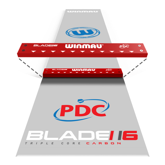 Tappetino per freccette in PVC Winmau Clearzone con oche Das Bild zeigt die "Winmau Clearzone PVC Dartmatte mit Oche". Auf der Matte sind die Logos von Winmau, PDC und Blade 6 zu sehen.