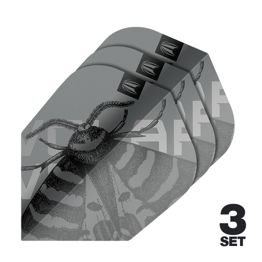 Target Pro Ultra Volar No6 Flights - 3 set Das Bild zeigt drei Sets der Target Pro Ultra Volar No6 Flights. Die Flights sind grau mit einem detaillierten Insektenmotiv gestaltet.