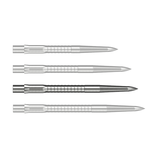 Punte per freccette in acciaio Caliburn System - Impugnatura micro - Argento Das Bild zeigt Steeldartspitzen mit Micro Grip im Silber-Design, 36mm lang. Das Produkt ist auf weißem Hintergrund zu sehen.