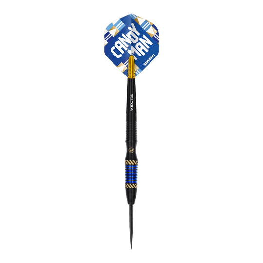 Freccette in acciaio Winmau Rashad Sweeting - 24 g Das Bild zeigt einen Winmau Rashad Sweeting Steeldart mit 24g Gewicht. Der Dart hat blaue und goldene Akzente sowie eine Flight mit der Aufschrift "CANDY MAN".