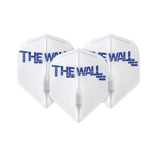 Voli L-Style Martin Schindler bianchi L1EZ Das Bild zeigt drei weiße Dart-Flights mit der blauen Aufschrift "THE WALL". Die Flights sind das Modell L-Style Martin Schindler Weiß L1EZ.