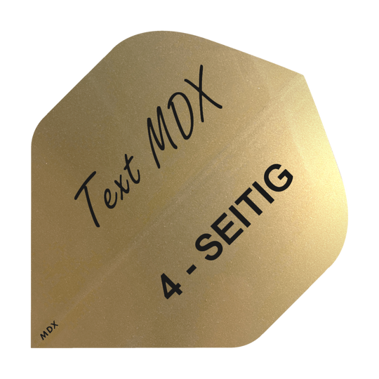 10 set di voli metallici stampati su 4 lati - testo personalizzato - MDX Standard Das Bild zeigt ein goldenes Dart-Flight mit schwarzer Aufschrift. Auf dem Flight steht "Text MDX" und "4-SEITIG".