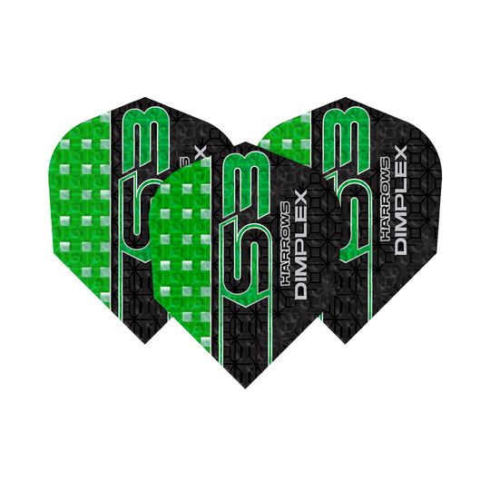 Harrows Dimplex S3 Flights - Verde Das Bild zeigt drei grüne und schwarze Dart-Flights des Modells "Harrows Dimplex S3". Auf den Flights steht der Text "Harrows Dimplex S3" in grüner und weißer Schrift.