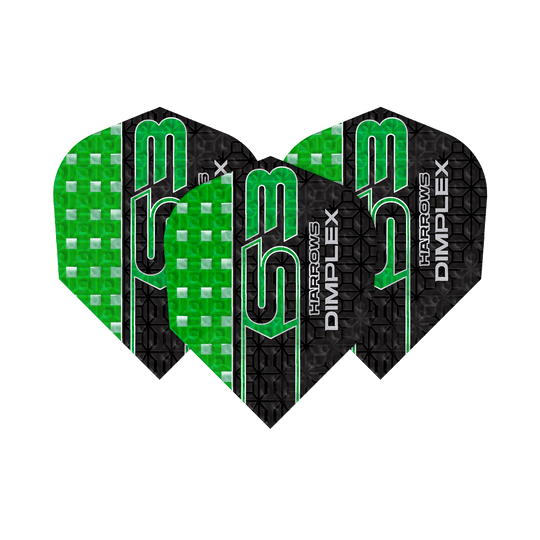 Harrows Dimplex S3 Flights - Verde Mehrere Harrows Dimplex S3 Flights - No6 liegen als Set nebeneinander. Die Flächen sind gleichmäßig geformt.