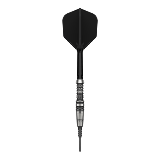Target Japan Black Marque Heracles Soft Darts - 18 g Das Bild zeigt einen Softdart der Marke 'Target Japan Black Marque Heracles' mit einem Gewicht von 18g. Der Dart hat ein elegantes Design mit schwarz-silbernem Barrel und schwarzer Spitze sowie Flight.