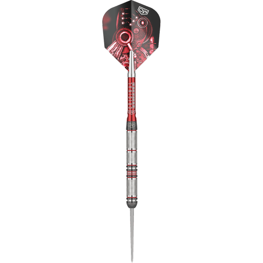 Freccette in acciaio DW Piranha Razor 01 Das Bild zeigt den Steeldart "DW Piranha Razor 01". Der Dart hat ein silbernes Griffstück mit roten Akzenten und eine Flight mit mechanischem Design.