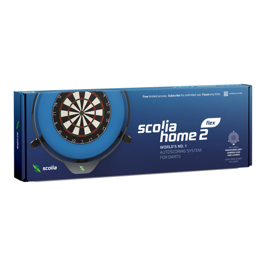 Scolia Home 2 FLEX - Sistema di punteggio automatico elettronico 2026 Das Bild zeigt die Verpackung des Produkts "Scolia Home 2 FLEX – Elektronisches Punktesystem". Es ist ein automatisches Auswertungssystem für Darts.