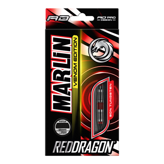 Freccette morbide Red Dragon Marlin Venom - 22 g Die Abbildung zeigt die Verpackung der "Red Dragon Marlin Venom Softdarts - 22g". Die Verpackung ist schwarz-rot gestaltet und hebt die Darts mit 90% Tungsten-Anteil hervor.