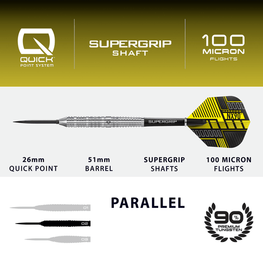 Freccette in acciaio a punta rapida parallela Harrows NX90 Abgebildet sind die Harrows NX90 Parallel Quick Point Steeldarts. Diese Steeldarts eignen sich für den ambitionierten Dartspieler.