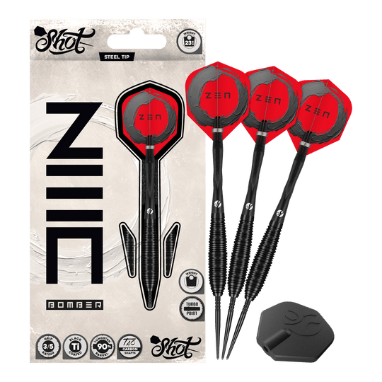 Freccette in acciaio Shot ZEN Bomber Turbo Point Auf dem Foto ist das Set Shot ZEN Bomber Turbo Point Steeldarts vollständig abgebildet. Dieses Set enthält alle notwendigen Darts für das Spiel.