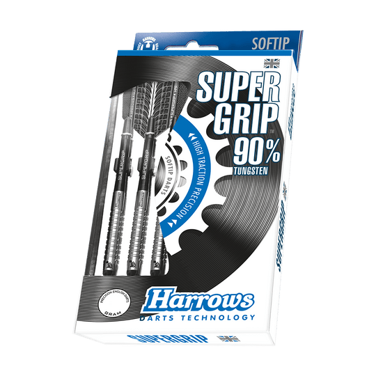 HA11810-Harrows-Supergrip-90-Softdarts-3-4-Plastikbox Auf dem Bild ist eine Packung Harrows Supergrip 90% Softdarts zu sehen. Die Darts bestehen zu 90% aus Tungsten und sind für Präzision und hohen Grip entwickelt.