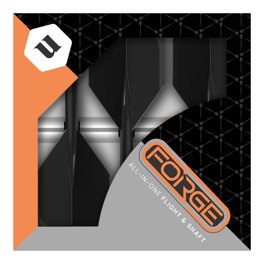Unicorn Forge All In One Plus No2 Standard Flights Nero - Medio Das Bild zeigt die Verpackung der „Unicorn Forge All In One Plus No2 Standard Flights Schwarz - Medium“. In der Packung sind schwarze Dart-Flights und -Shafts zusammen als Set zu sehen.