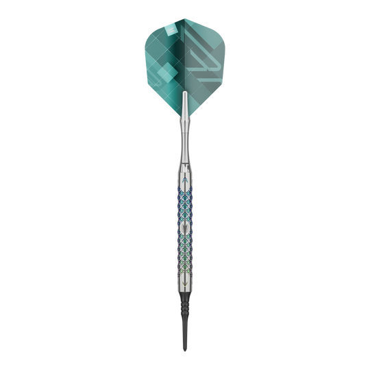 Target Rove 10 freccette morbide Das Bild zeigt einen einzelnen Softdart der Marke Target Rove 10. Der Dart hat ein silbernes Griffstück mit farbigen Akzenten und grüne Flights.