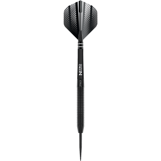 Red Dragon Razor Edge Freccette in acciaio nero Das Bild zeigt einen schwarzen Steeldart mit dem Namen "Red Dragon Razor Edge". Der Dart hat ein modernes Design mit geriffeltem Griff und schwarzer Spitze.