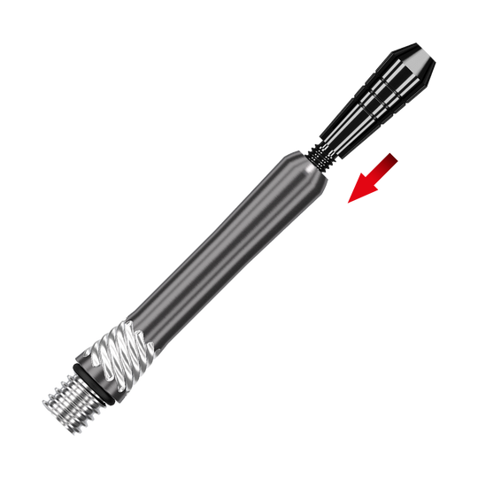 200482_Target_Power_Titanium_Shaft_Ersatztops_Schwarz_2 Auf dem Bild ist ein schwarzer Ersatz-Top für die Target Power Titanium Shafts zu sehen. Ein roter Pfeil zeigt auf das Verbindungsstück des Produkts.