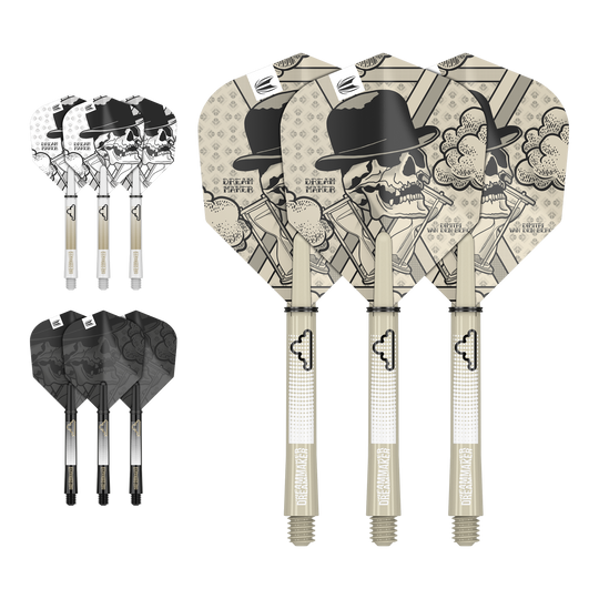 Kit per asta di volo Target Ink Dimitri Van Den Bergh Auf dem Bild sind drei Dartflights mit Schädel- und Hutdesign sowie der Aufschrift "Dream Maker" zu sehen. Zusätzlich gibt es zwei weitere Sätze Flights in verschiedenen Farben, jeweils mit passenden Shafts.