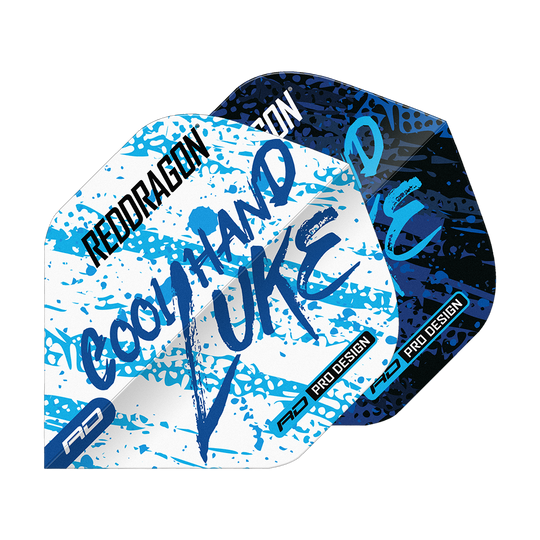 Red Dragon Luke Humphries Campione del mondo Voli standard Blu Bianco Yin Yang Das Bild zeigt die Red Dragon Luke Humphries World Champion Blue White Yin Yang Standard Flights. Die Flights sind in Blau, Weiß und Schwarz mit auffälligem Schriftzug und Farbspritzern gestaltet.