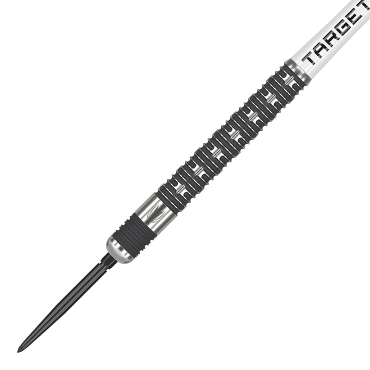 Freccette in acciaio Target Chris Dobey Hollywood Action Swiss Point Das Bild zeigt den Target Chris Dobey Hollywood Action Swiss Point Steeldart. Der Dartpfeil hat ein auffälliges, silber-schwarzes Design mit präzisen Griffmulden.
