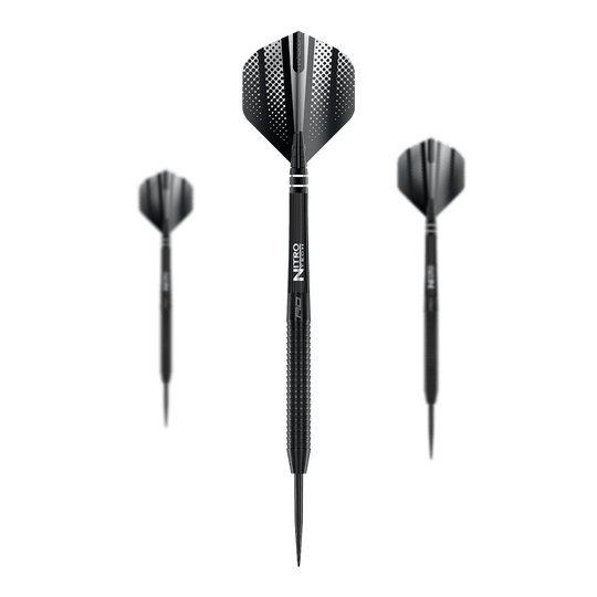 Red Dragon Razor Edge Freccette in acciaio nero Das Bild zeigt drei Red Dragon Razor Edge Black Steeldarts. Die Darts sind schwarz und haben ein modernes, punktiertes Design auf den Flights.
