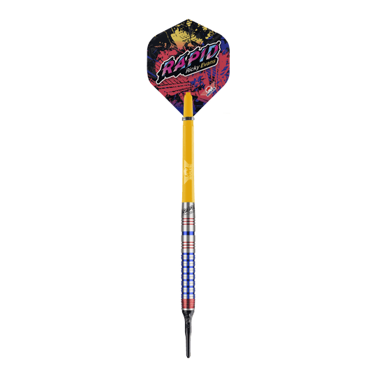 Bulls NL Ricky Evans Rapid Edition One Freccette morbide - 20 g Das Bild zeigt einen Softdart aus der Serie "Bulls NL Ricky Evans Rapid Edition One" mit einem Gewicht von 20 Gramm. Der Dart hat bunte Akzente, einen gelben Schaft und eine auffällige Flights mit dem Schriftzug "RAPID Ricky Evans".