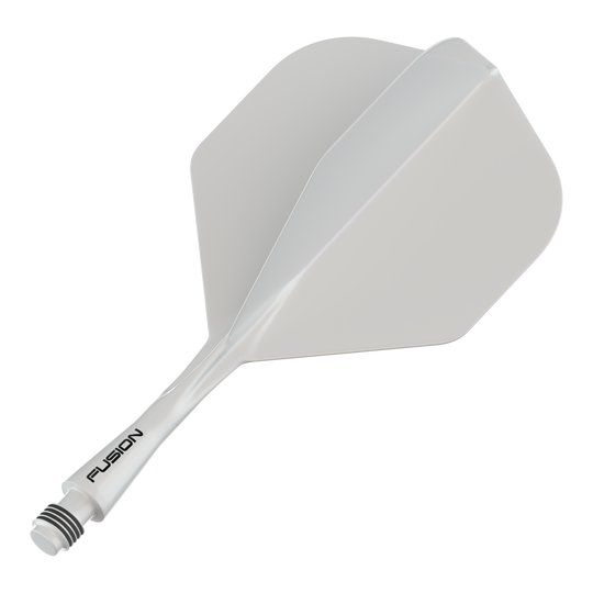 Sistema di alberi di volo Winmau Fusion standard bianco Das Bild zeigt ein weißes Dartflug- und Schaftsystem. Auf dem Schaft ist das Wort "FUSION" zu sehen.
