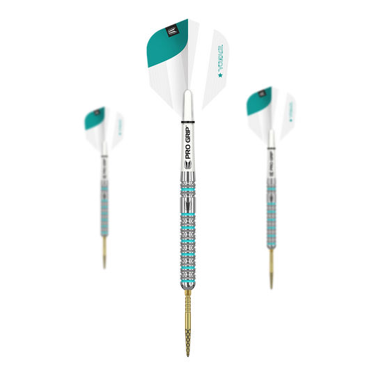 Freccette in acciaio Target Rob Cross GEN2 Swiss Point Das Bild zeigt drei Target Rob Cross GEN2 Swiss Point Steeldarts. Die Darts haben silberne und türkisfarbene Details sowie weiße Flights mit PRO GRIP Schäften.