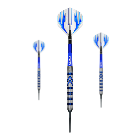 Freccette morbide Red Dragon Gerwyn Price Iceman Auf dem Bild sind drei Softdarts des Modells "Red Dragon Gerwyn Price Iceman" zu sehen. Die Darts haben blaue und silberne Akzente sowie blau-weiße Flights.