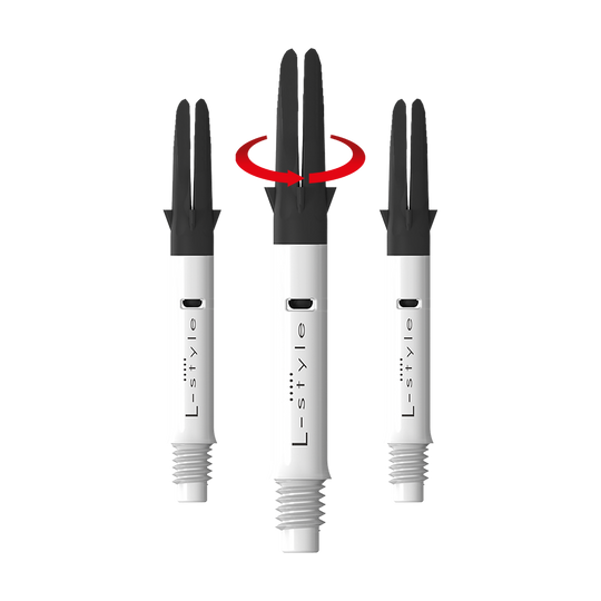 L-L-Style-Shaft Carbon Silent Straight - Bianco Auf dem Bild sind drei weiße L-Style Dartschäfte mit schwarzem oberen Teil zu sehen. In der Mitte zeigt ein roter Pfeil, dass sich der obere Teil des Schafts drehen kann.