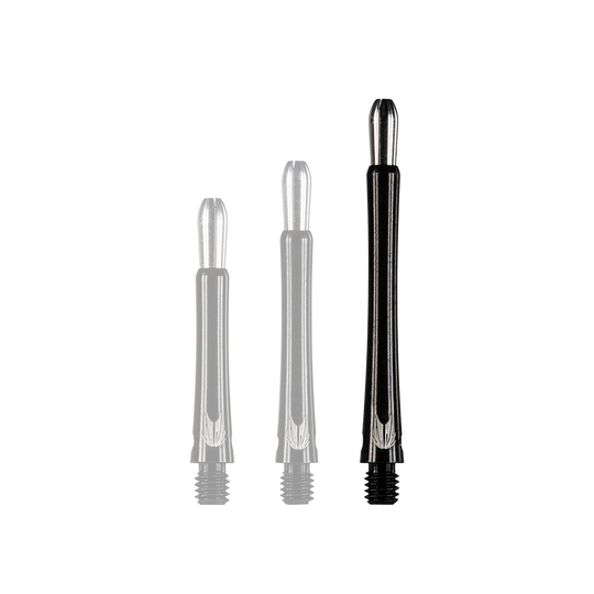 146210_Target_Grip_Style_Aluminium_Shafts_Schwarz_485mm_1dTTfEOE7NtZXb Das Bild zeigt drei schwarze Aluminiumschäfte für Darts in unterschiedlichen Längen. Die Schäfte haben silberne Details an den Enden.