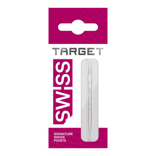 Punte per freccette Target Signature Swiss Point TRB in acciaio - argento Drei silberne Dartspitzen mit 42 mm Länge sind abgebildet. Das sind Target SwissPoint Signature TRB Dartspitzen.