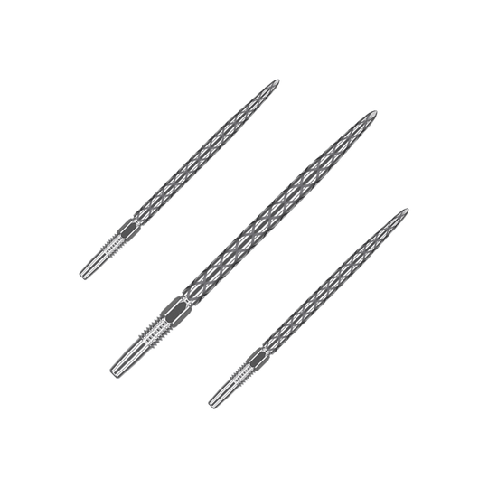 Punte per freccette Target Swiss Diamond Pro Silver Points Das Bild zeigt drei silberne Dartspitzen mit einem Rautenmuster. Sie sind schmal und haben ein detailliertes, strukturiertes Design.