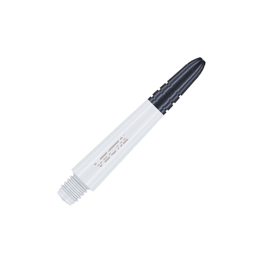 7025-102_Winmau_Vecta_Shafts_Weiss_34mm_2 Abgebildet ist ein weißer Winmau Vecta Shaft. Der Dartschafthalter hat ein schwarzes Ende und die Aufschrift "VECTA".