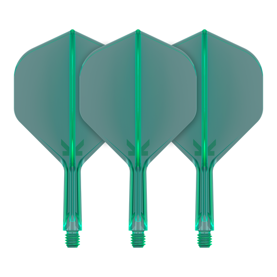 Target K-Flex No2 Standard Flight System - Verde In der Aufnahme werden Dart-Flights mit klarer Linienführung gezeigt. Zwei Flights sind im Bild nebeneinander positioniert.