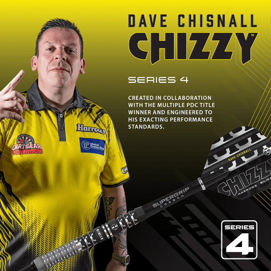 Freccette in acciaio Quick Point Harrows Dave Chisnall Chizzy Series 4 Hier sieht man die Harrows Dave Chisnall Chizzy Series 4 Quick Point Steeldarts. Das Design wurde für Präzision und Kontrolle entwickelt.
