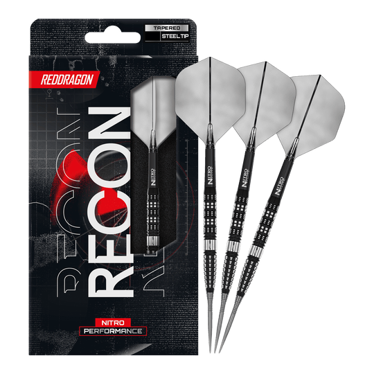 Freccette in acciaio coniche Red Dragon Recon Red Dragon Recon Tapered Steeldarts. Das vollständige Set der Steeldarts wird auf dem Bild präsentiert.