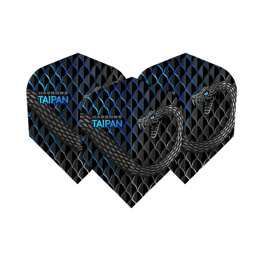 HR26_Harrows_Taipan_Aqua_Standard_Flights_1sY67qqWwKgomJ Das Bild zeigt die Harrows Taipan Standard Flights. Die Flights sind schwarz mit einem Schuppenmuster und einer Schlangengrafik gestaltet.