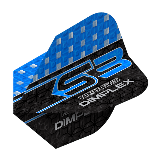 Voli Harrows Dimplex S3 - Blu Das Bild zeigt ein Harrows Dimplex S3 Flight in Blau. Das Flight hat ein blau-schwarzes Design mit silbernen Akzenten und der Aufschrift "S3 Harrows Dimplex".