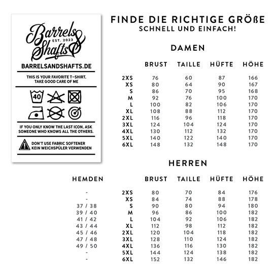 Felpa con cappuccio Barili e Alberi - Nera Das Bild zeigt die Größentabelle für das Produkt "Barrels and Shafts Hoodie - Schwarz" für Damen und Herren. Links sind außerdem Pflegehinweise für das Produkt abgebildet.