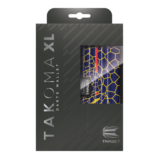 Custodia per freccette Target Takoma Josh Rock XL Das Bild zeigt die Verpackung des Produkts "Target Takoma Josh Rock XL Dartcase". Das Dartcase ist teilweise durch ein Fenster in der Verpackung sichtbar und hat ein buntes, grafisches Design.