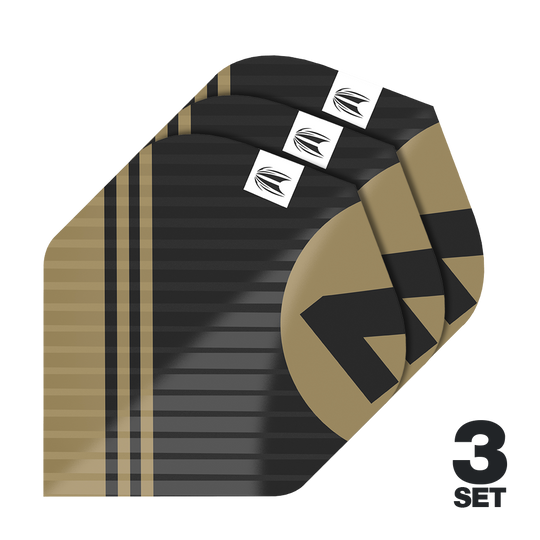 Target Pro Ultra Chicane Nero No2 Alette Standard - 3 Set Das Bild zeigt drei Sätze von Target Pro Ultra Chicane Black No2 Standard Flights. Die Flights sind schwarz-gold gestreift und besitzen ein modernes Design mit einem weißen Logo.