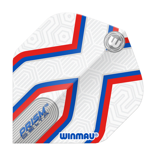 Voli standard Winmau Prism Delta Epix No2 Das Bild zeigt ein Winmau Prism Delta Epix No2 Standard Flights Dartflugblatt. Es ist weiß mit roten und blauen Linien und dezentem geometrischem Muster gestaltet.