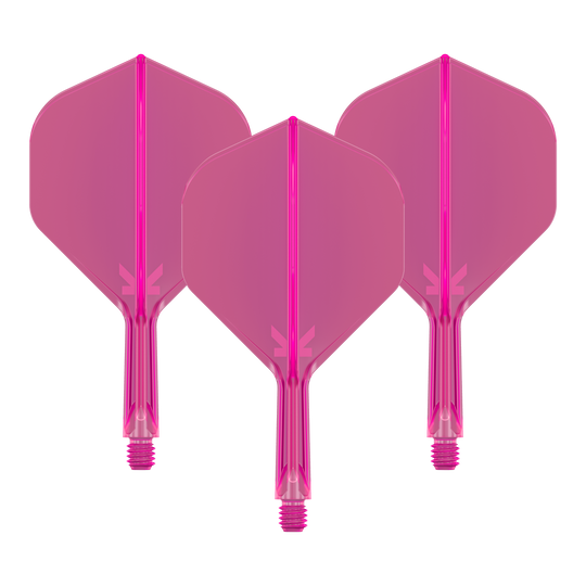 Target K-Flex No2 Standard Flight System - Rosa neon Das Bild zeigt drei pinkfarbene Dart-Flights mit Schäften. Sie sind nebeneinander angeordnet und haben eine neonpinke Farbe.
