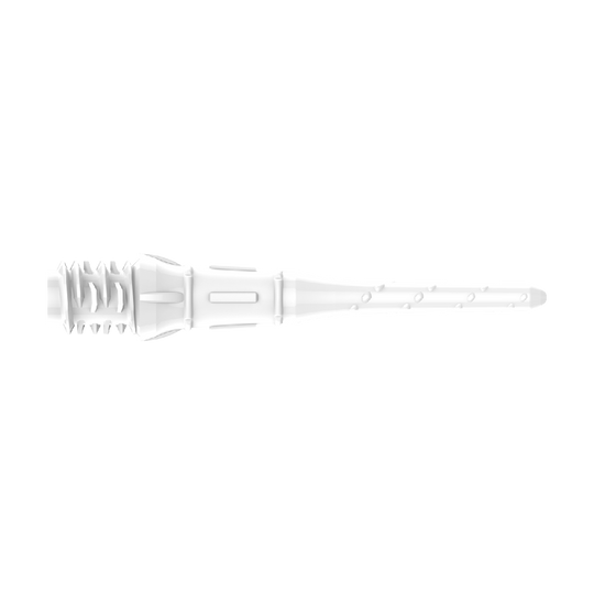 Lippoint Premium (confezione da 30) - Suggerimenti Das Bild zeigt eine weiße Dartspitze mit feinen Rillen und Details. Sie ist lang und besteht aus Kunststoff.